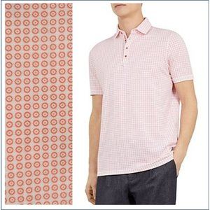 Ted Baker Polo Shirt Size 6 (XL) Short Sleeve Pique Geo Print Coral